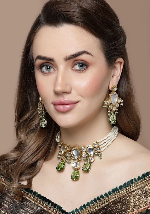 Green And Ivory Pearl Kundan Choker Necklace