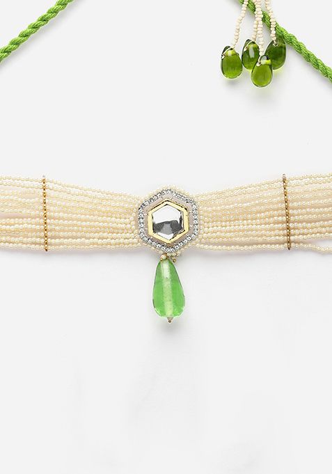Green And Ivory Kundan Layered Necklace
