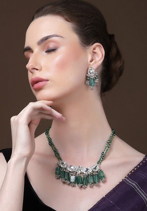 Green And Grey Gold Plated Kundan Pearl Haar Necklaces