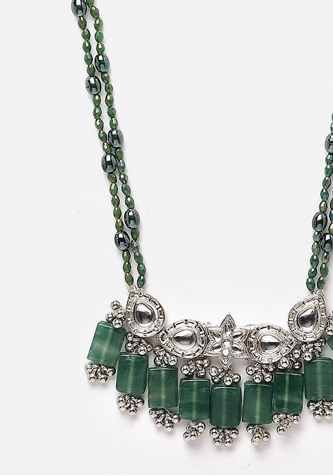 Green And Grey Gold Plated Kundan Pearl Haar Necklaces