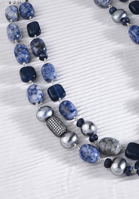 Gold Plated Silver Blue Jade Two Layer Necklace