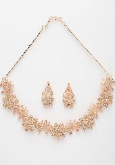 Gold Rose Gold Plated American Diamond Studded Handcrafted Jewellery Set