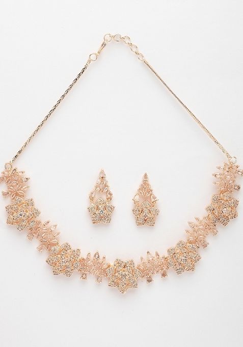 Gold Rose Gold Plated American Diamond Studded Handcrafted Jewellery Set