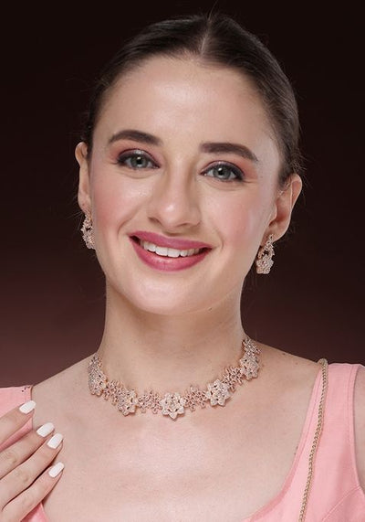 Gold Rose Gold Plated American Diamond Studded Handcrafted Jewellery Set