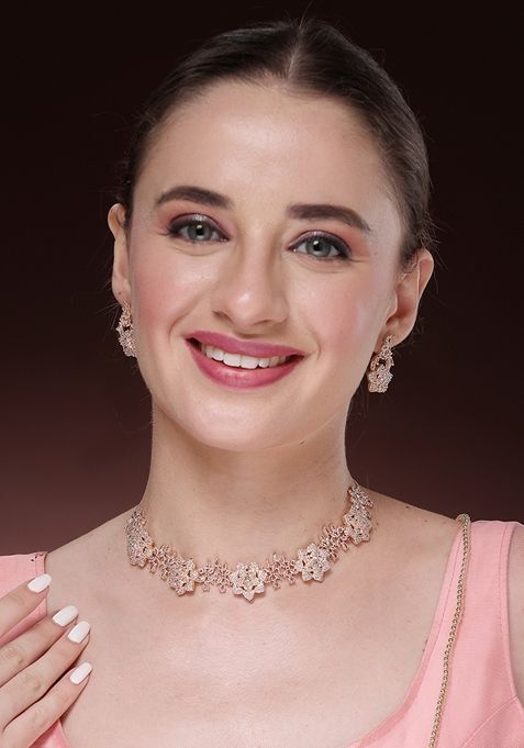 Gold Rose Gold Plated American Diamond Studded Handcrafted Jewellery Set