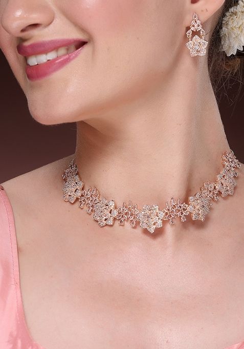 Gold Rose Gold Plated American Diamond Studded Handcrafted Jewellery Set