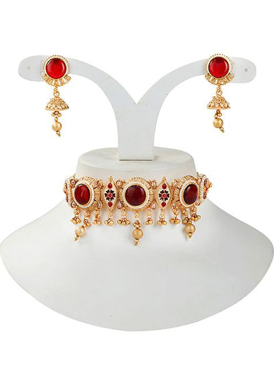 Gold Plated Maroon Stone Studded Choker Set