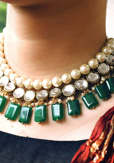 Green Semi Precious Stone And Kundan Necklace