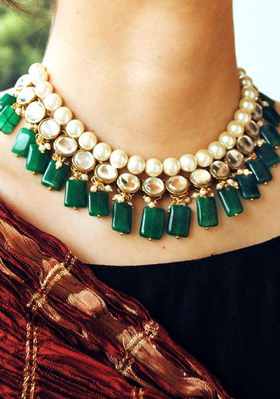 Green Semi Precious Stone And Kundan Necklace