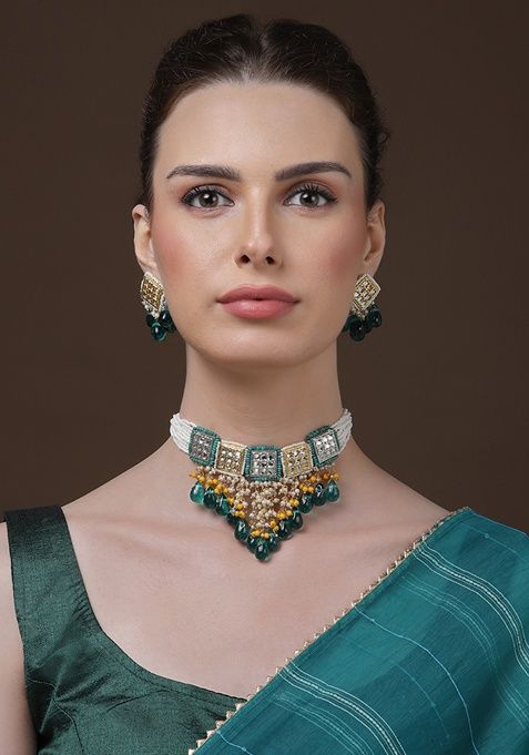 Blue And Silver Gold Plated Kundan Pearl Choker Necklace With Earrings Set