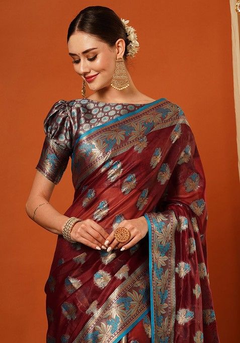 Maroon Woven Silk Saree Set