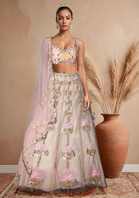 Golden Lehenga Set With Hand Embroidered Blouse And Dupatta