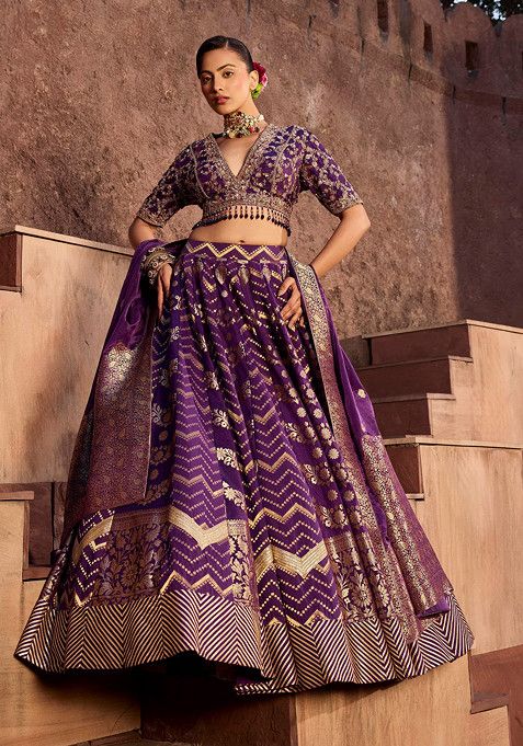 Purple Lehenga Set With Hand Embroidered Blouse And Dupatta