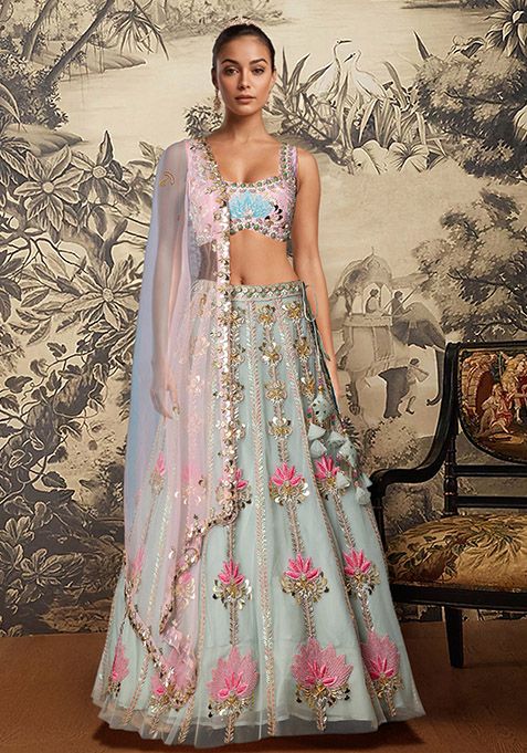 Green Lehenga Set With Hand Embroidered Blouse And Dupatta
