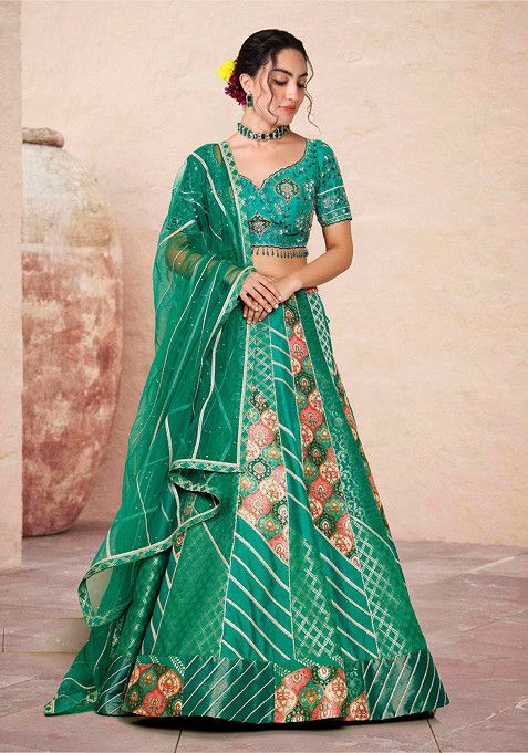 Green Lehenga Set With Hand Embroidered Blouse And Dupatta