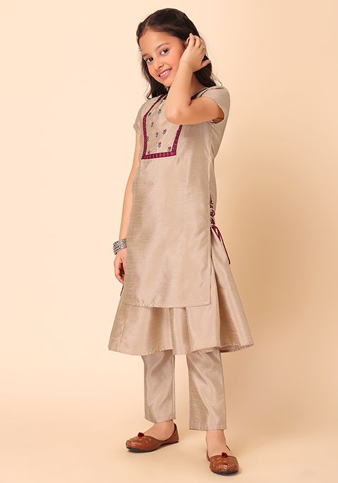 Beige Embroidered Double Layered Silk Kurta And Pants (Set of 2)