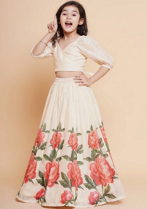 Beige Printed Lehenga With Blouse (Set of 2)