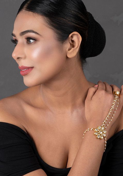 White Gold Tone Kundan Pearl Hathphool Bracelet
