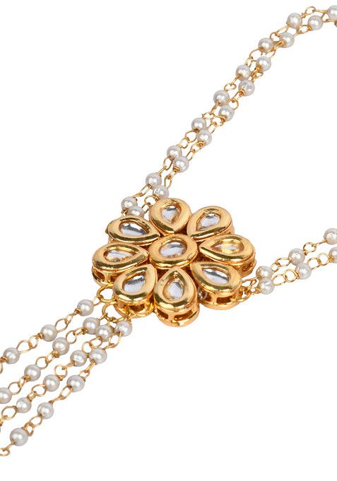 White Gold Tone Kundan Pearl Hathphool Bracelet