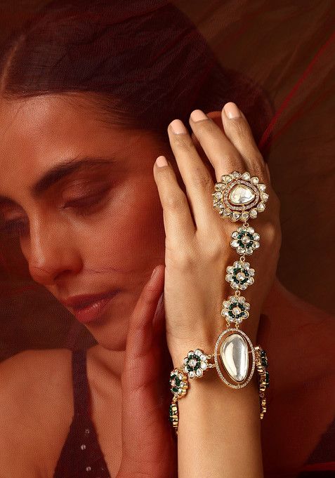 Green Gold Tone Polki Hathphool Bracelet