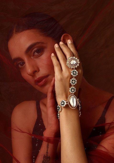 Green Gold Tone Polki Hathphool Bracelet