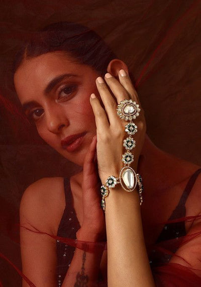 Green Gold Tone Polki Hathphool Bracelet