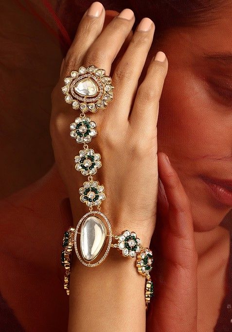 Green Gold Tone Polki Hathphool Bracelet