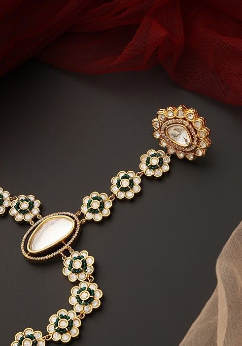 Green Gold Tone Polki Hathphool Bracelet