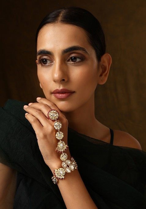 Red Gold Tone Polki Hathphool Bracelet