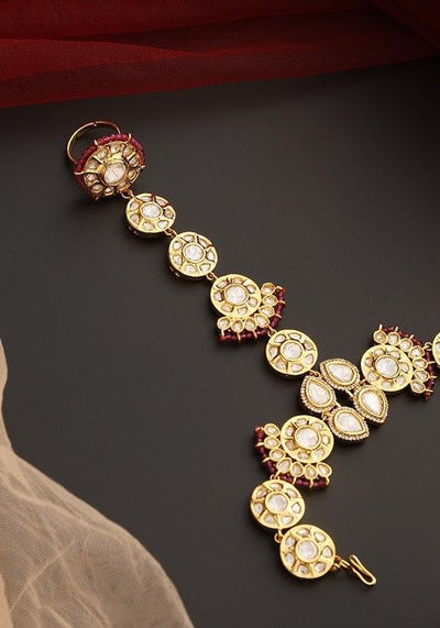 Red Gold Tone Polki Hathphool Bracelet