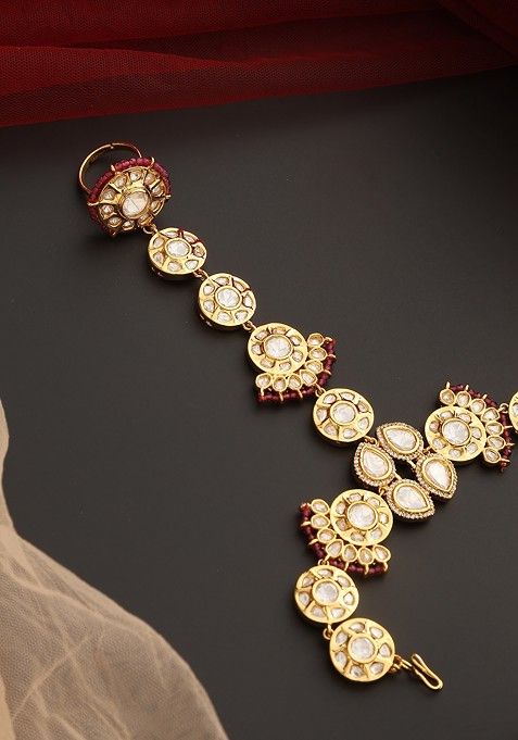 Red Gold Tone Polki Hathphool Bracelet