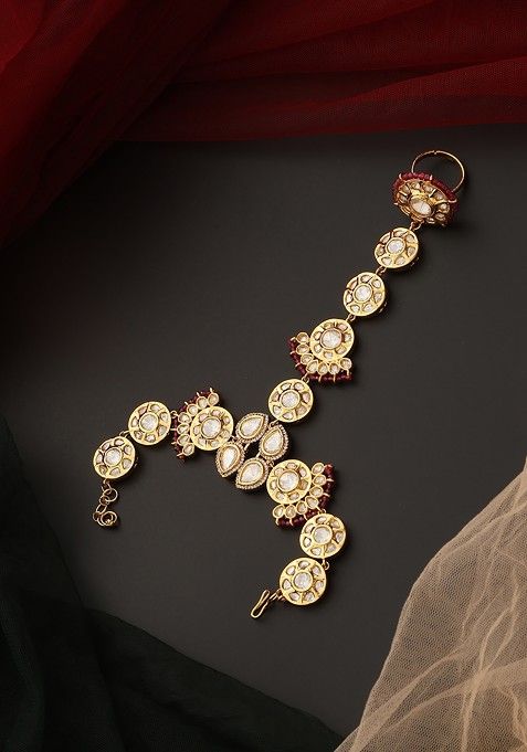 Red Gold Tone Polki Hathphool Bracelet