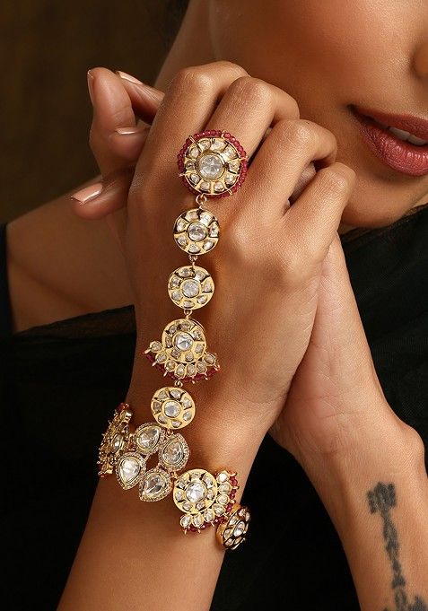 Red Gold Tone Polki Hathphool Bracelet