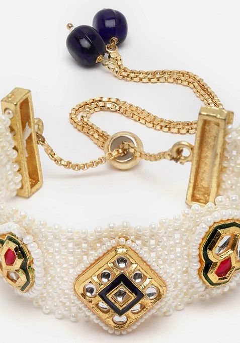 Blue And Red Gold Plated Kundan Pearl Bracelet