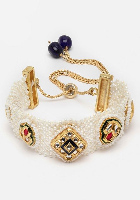 Blue And Red Gold Plated Kundan Pearl Bracelet