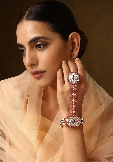 Red Rose Gold Tone Polki Hathphool Bracelet