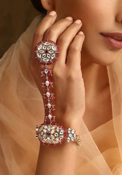 Red Rose Gold Tone Polki Hathphool Bracelet