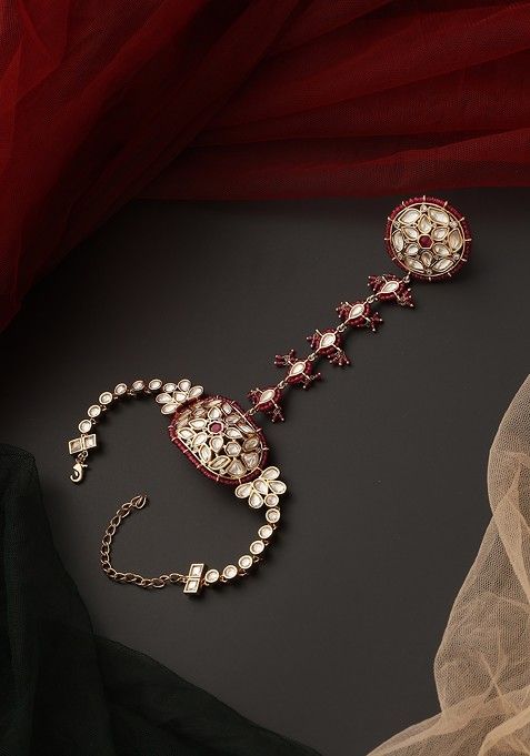 Red Rose Gold Tone Polki Hathphool Bracelet