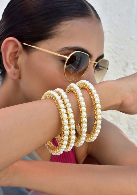 White Gold Tone Pearl Bangles