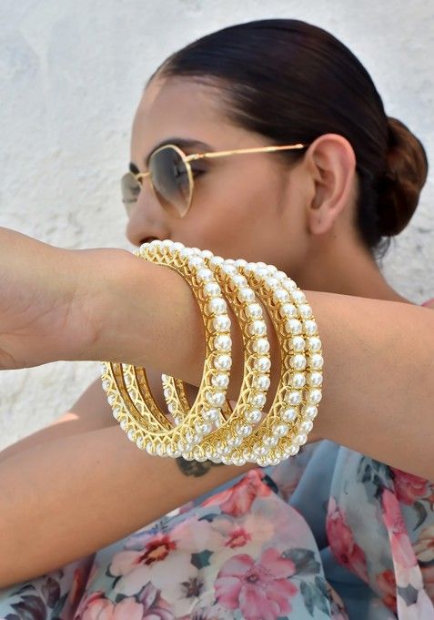 White Gold Tone Pearl Bangles