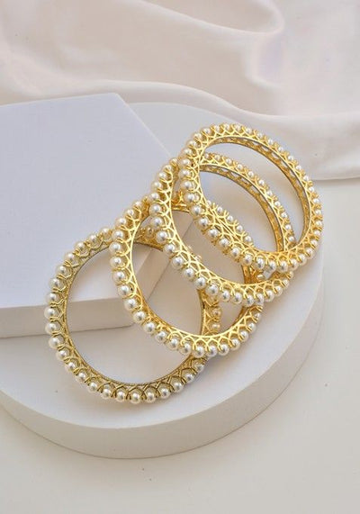 White Gold Tone Pearl Bangles