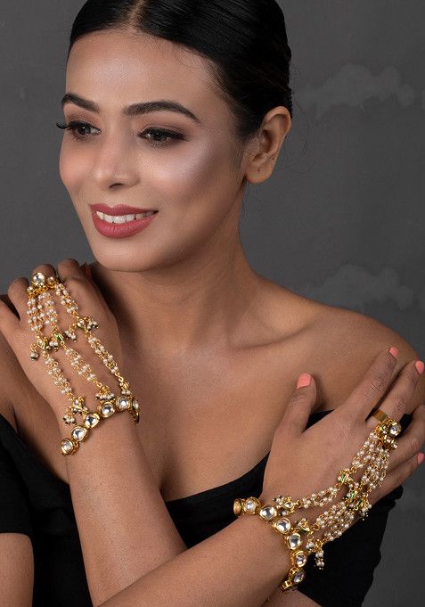 White Gold Tone Kundan Pearl Hathphool Bracelet