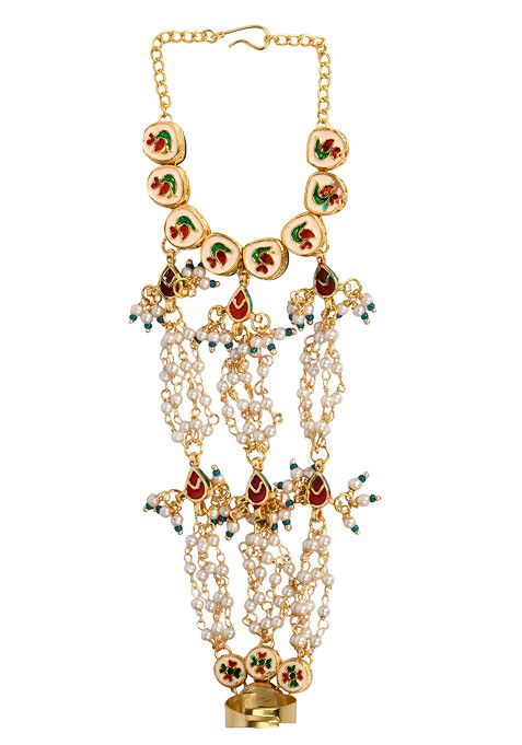 White Gold Tone Kundan Pearl Hathphool Bracelet
