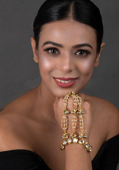 White Gold Tone Kundan Pearl Hathphool Bracelet