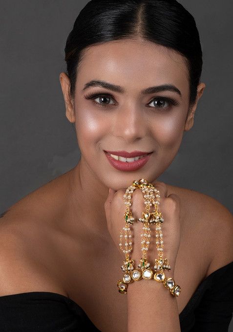 White Gold Tone Kundan Pearl Hathphool Bracelet