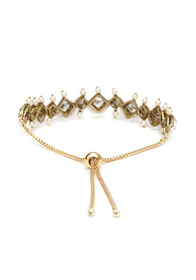 Gold Golden Kite Shaped Kundan With White Pearls Adjustable Bracelet