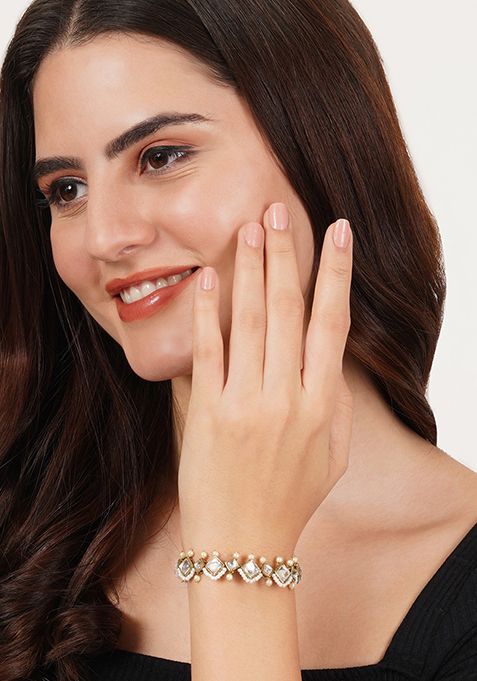 Gold Golden Kite Shaped Kundan With White Pearls Adjustable Bracelet