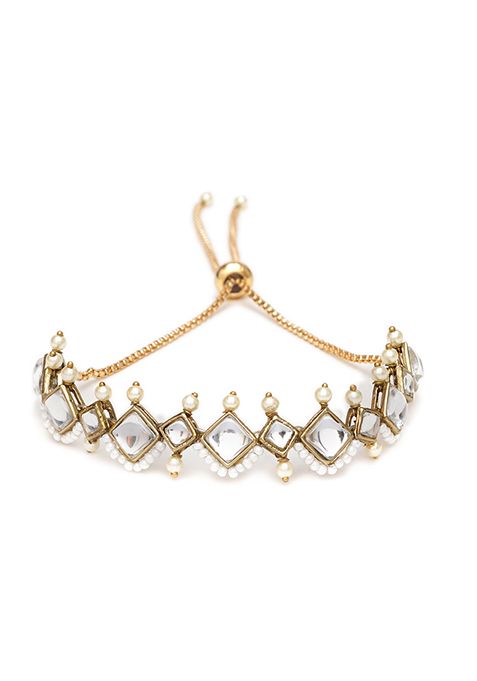 Gold Golden Kite Shaped Kundan With White Pearls Adjustable Bracelet