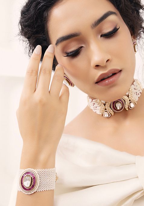Gold Plated Polki Pearl Dangler Bracelet