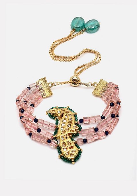 Green And Cream Gold Plated Pearl Natural Stone Bracelet
